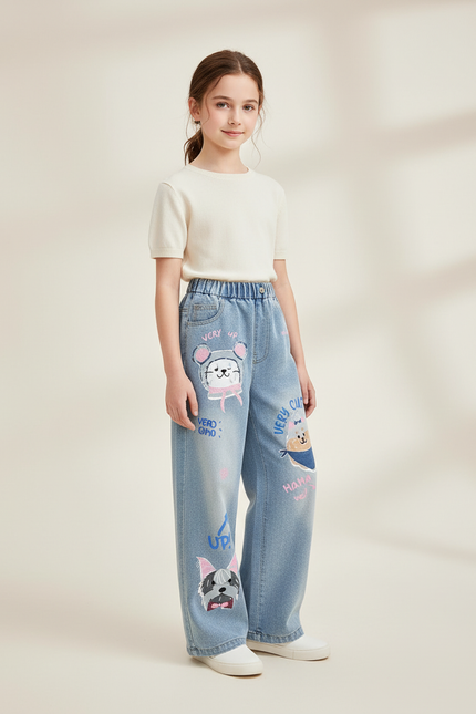 Pantalon Baggy Denim Bleu Ample Motifs Animaux Fille - Jean