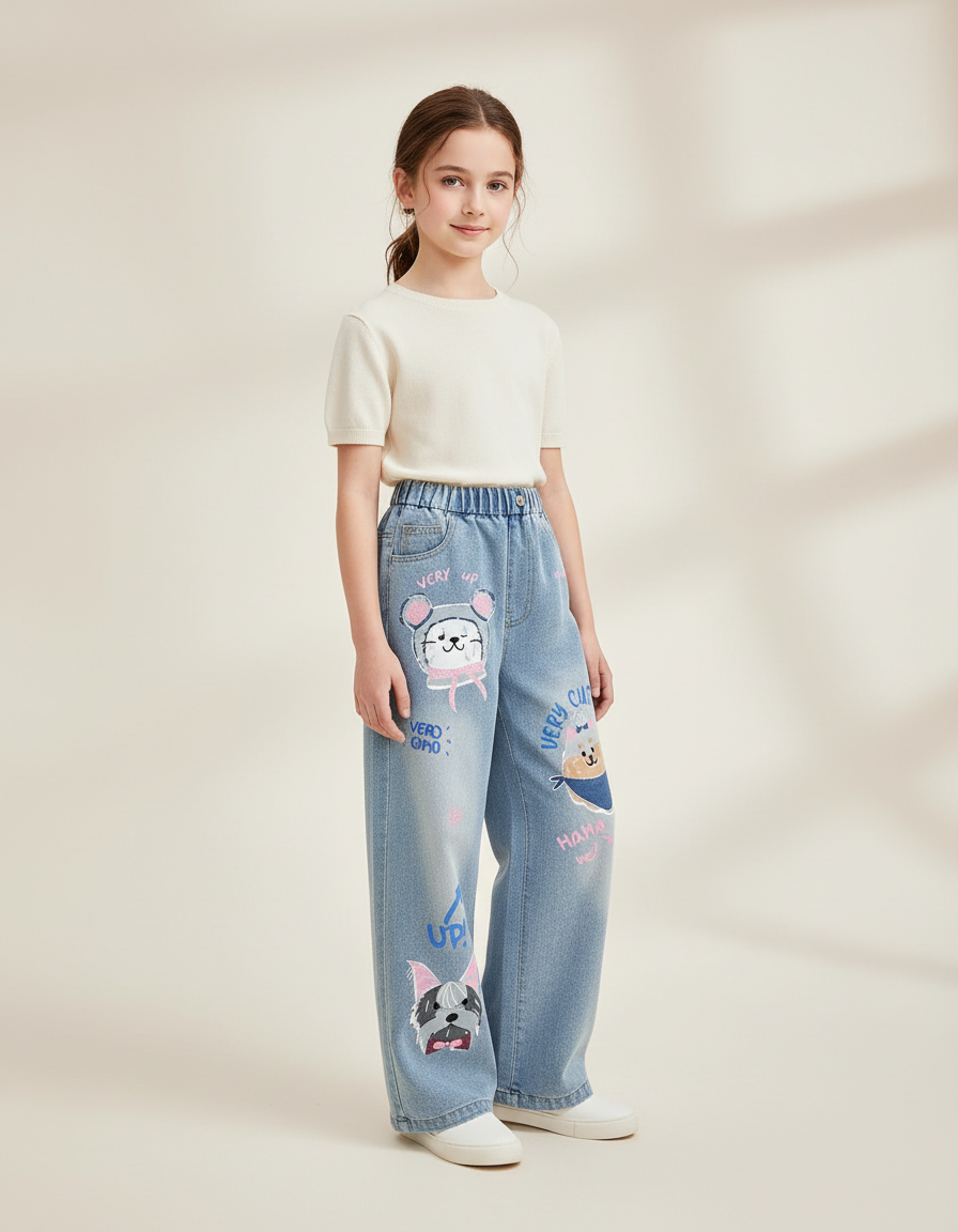 Pantalon Baggy Denim Bleu Ample Motifs Animaux Fille - Jean