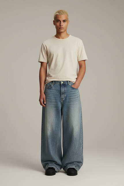 Pantalon Baggy Bleu Jean Ample Délavé Unisexe