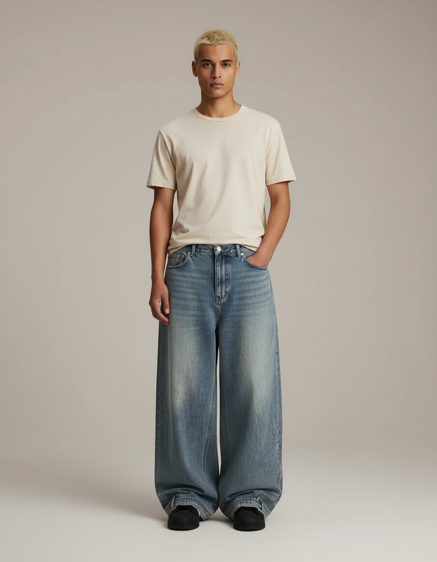Pantalon Baggy Bleu Jean Ample Délavé Unisexe