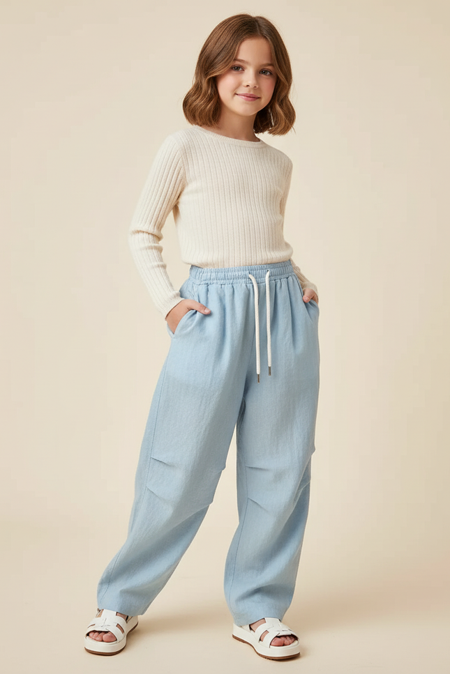 Pantalon Baggy Bleu Clair Ample Coton Décontracté Fille - Lin