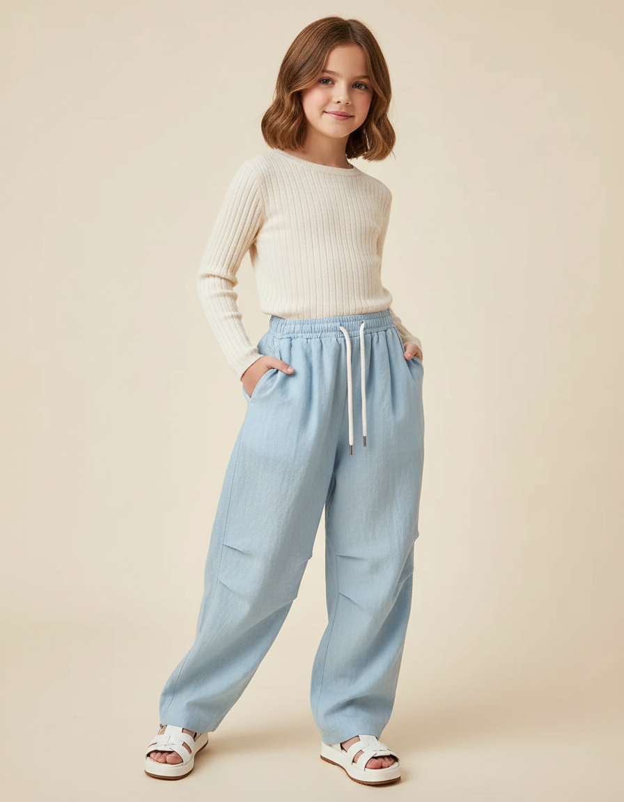 Pantalon Baggy Bleu Clair Ample Coton Décontracté Fille - Lin