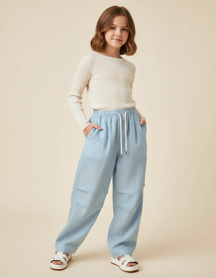 Pantalon Baggy Bleu Clair Ample Coton Décontracté Fille - Lin