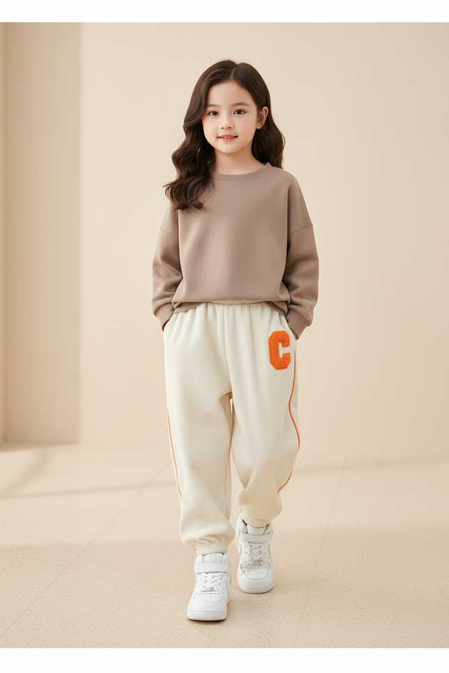 Pantalon Baggy Côtelé Beige Ample Décontracté Enfant Lettre - Cordé