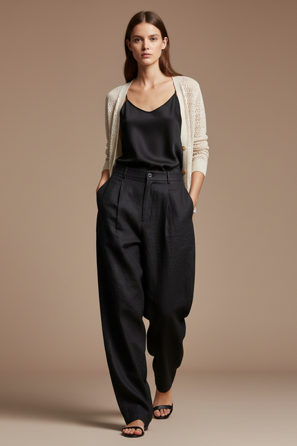 Pantalon Baggy Noir Lin Ample Élégant Plissé