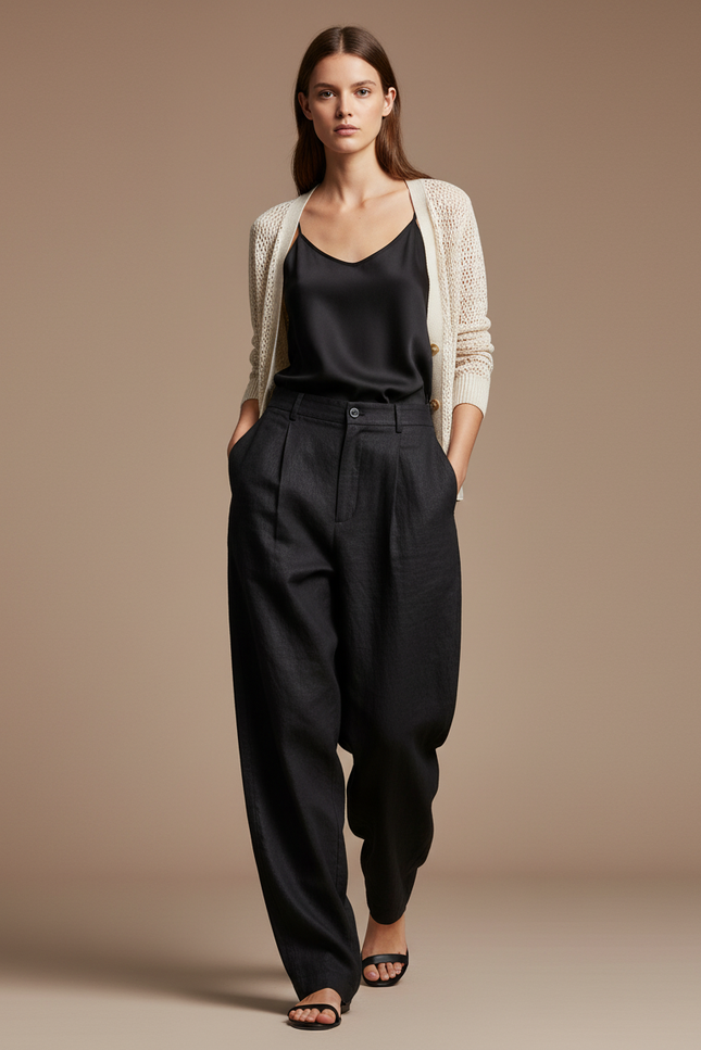 Pantalon Baggy Noir Lin Ample Élégant Plissé
