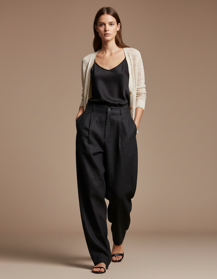 Pantalon Baggy Noir Lin Ample Élégant Plissé