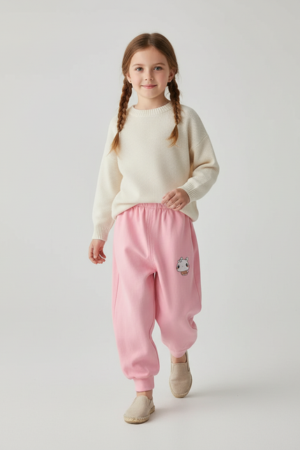 Pantalon Baggy Rose Coton Brodé Enfant Décontracté - Molleton