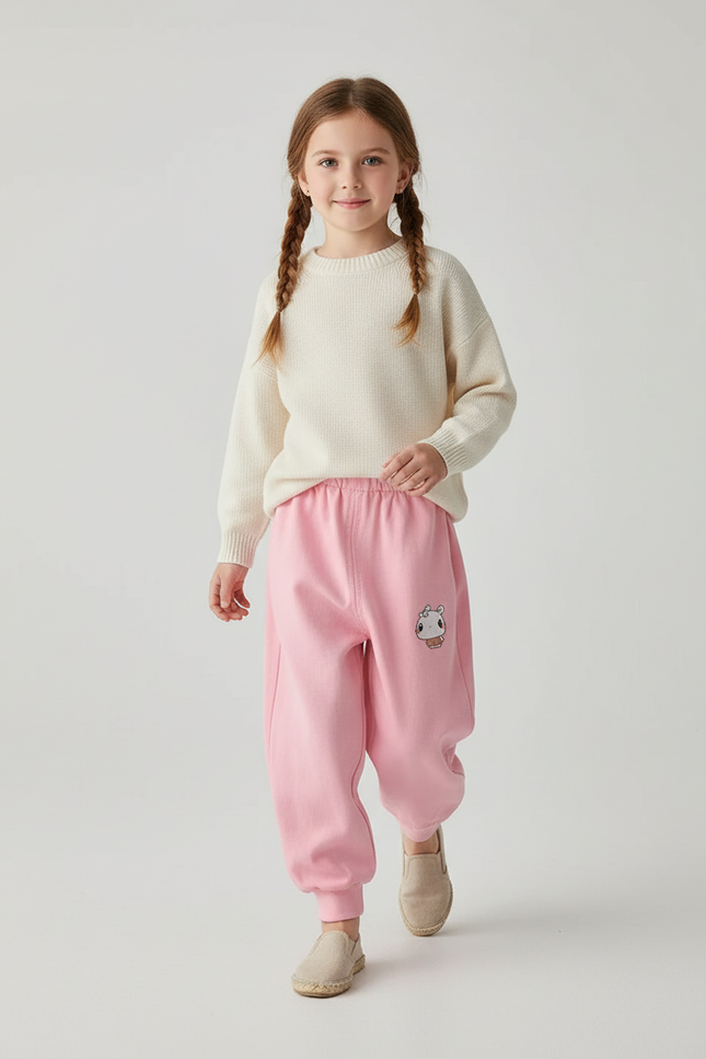 Pantalon Baggy Rose Coton Brodé Enfant Décontracté - Molleton