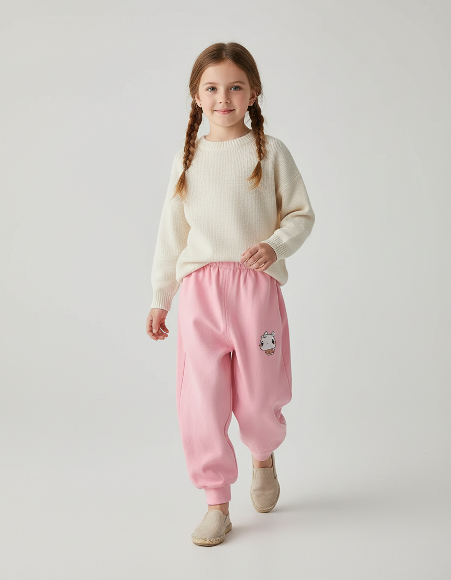 Pantalon Baggy Rose Coton Brodé Enfant Décontracté - Molleton