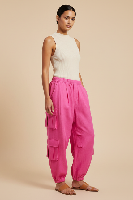 Pantalon Baggy Fuchsia Cargo Lin Ample Femme - Rose