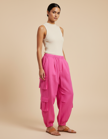Pantalon Baggy Fuchsia Cargo Lin Ample Femme - Rose