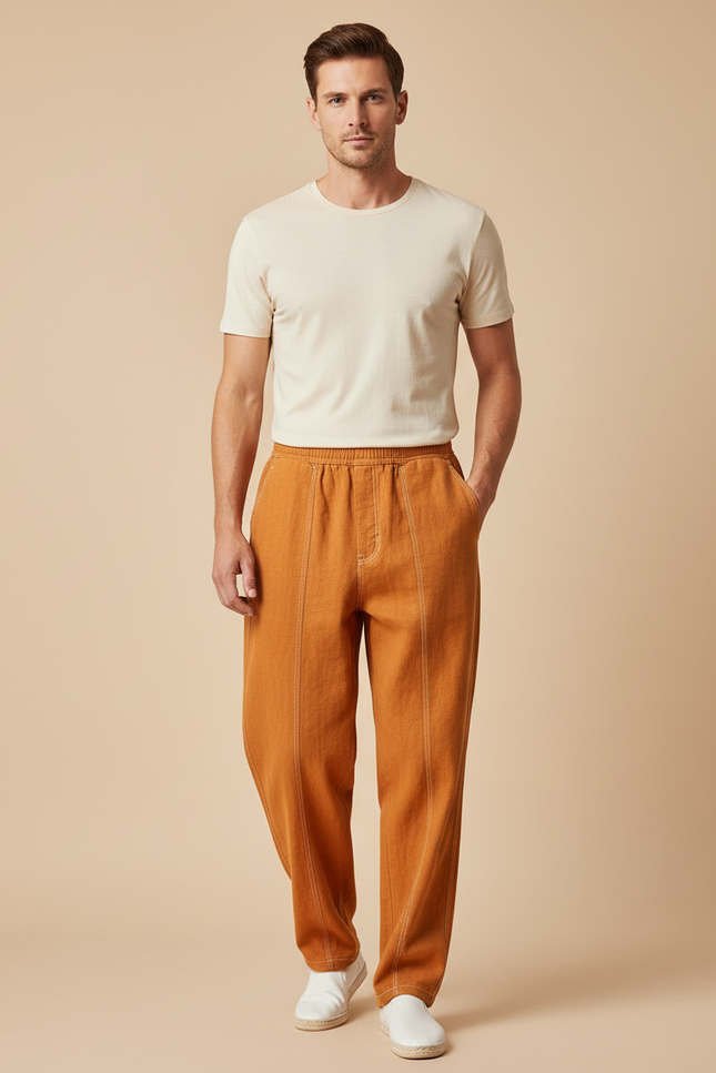Pantalon Baggy Orange Lin Ample Décontracté Homme