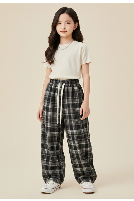 Pantalon Baggy Plaid Noir Coton Ample Décontracté Enfant