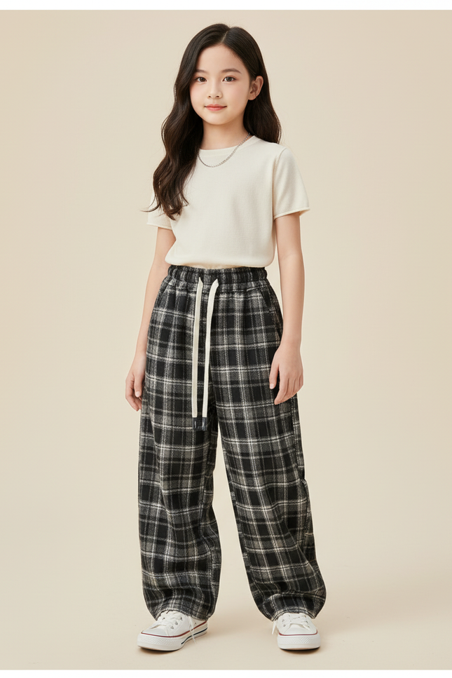 Pantalon Baggy Plaid Noir Coton Ample Décontracté Enfant