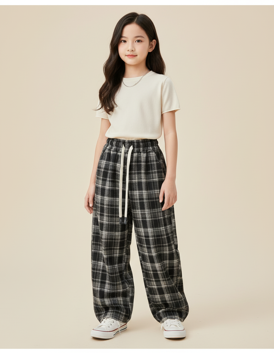 Pantalon Baggy Plaid Noir Coton Ample Décontracté Enfant