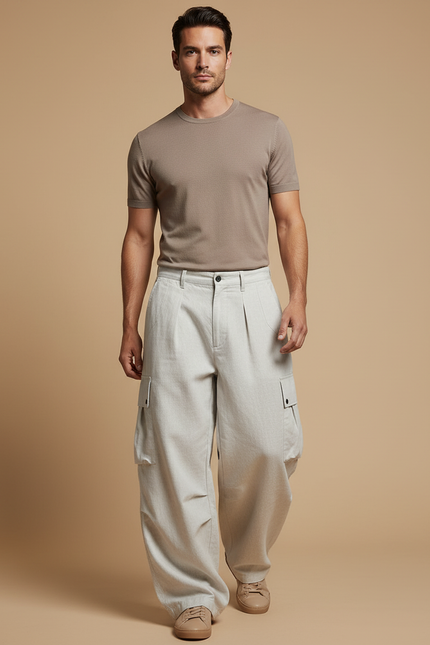 Pantalon Baggy Beige Cargo Ample Plissé Homme - Lin