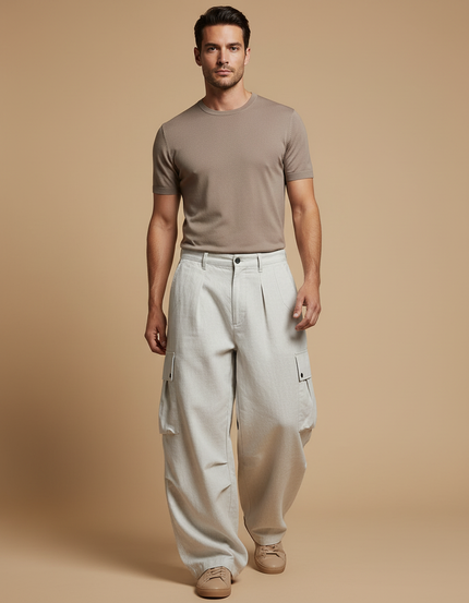 Pantalon Baggy Beige Cargo Ample Plissé Homme - Lin