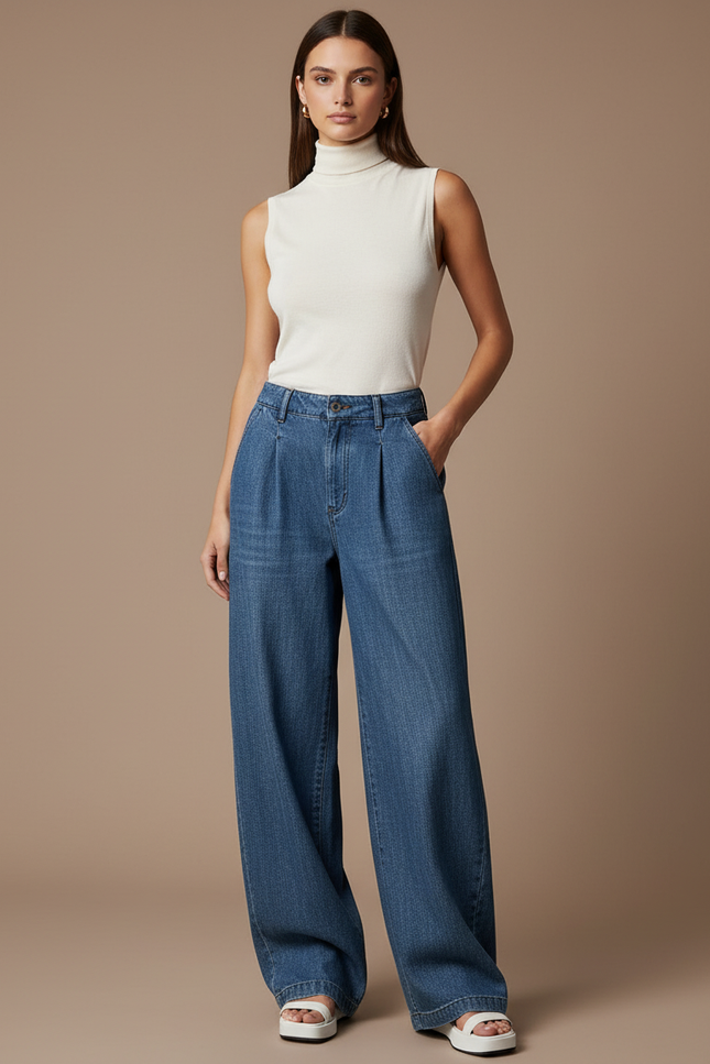 Pantalon Baggy Denim Ample Plissé Femme - Bleu Jean