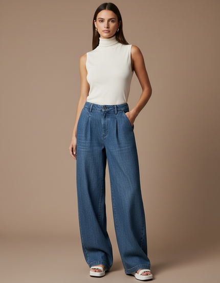 Pantalon Baggy Denim Ample Plissé Femme - Bleu Jean
