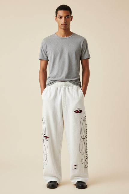 Pantalon Baggy Blanc Cassé Délavé Imprimé Ample - Molleton