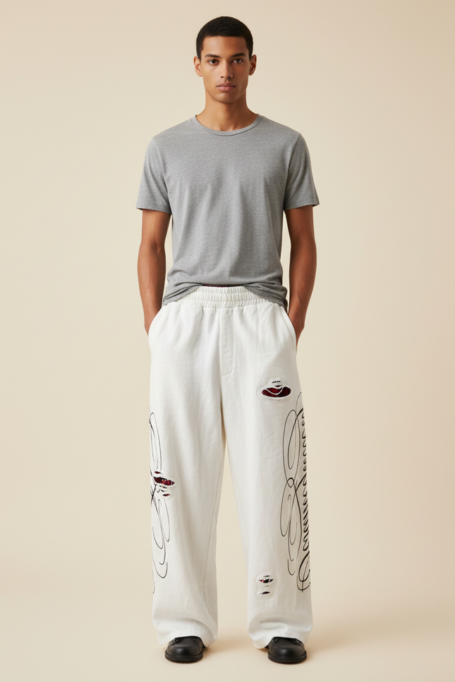 Pantalon Baggy Blanc Cassé Délavé Imprimé Ample - Molleton