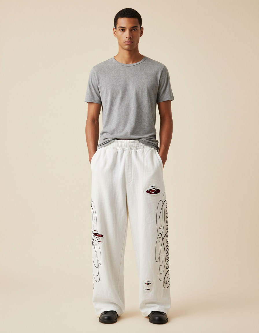 Pantalon Baggy Blanc Cassé Délavé Imprimé Ample - Molleton
