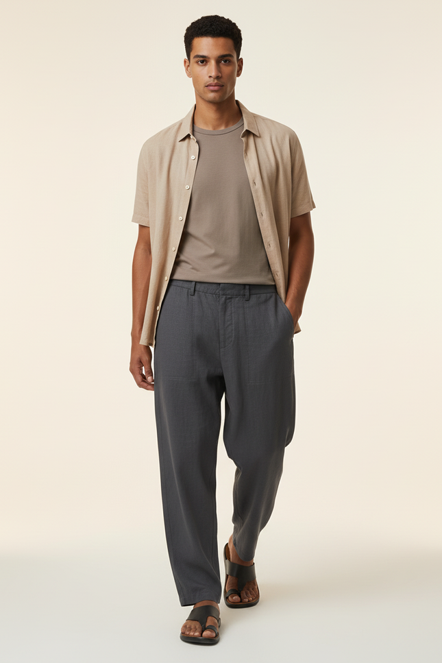 Pantalon Baggy Gris Lin Ample Décontracté Homme