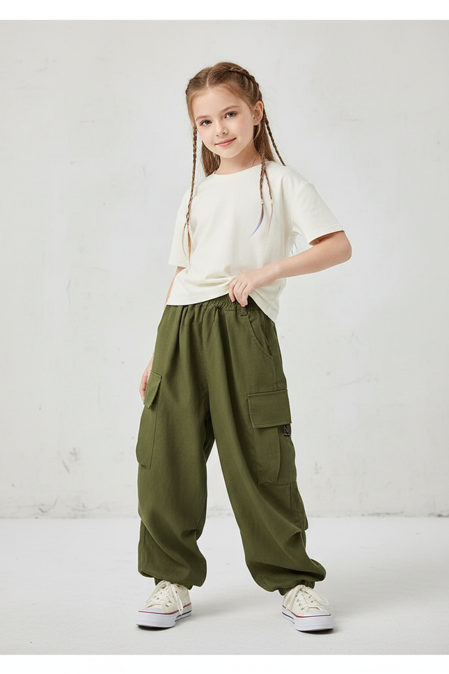 Pantalon Baggy Vert Kaki Ample Cargo Enfant - Toile