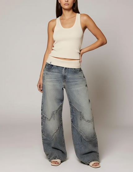 Pantalon Baggy Jean Large Patchwork Bleu Décontracté