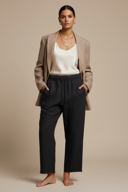Pantalon Baggy Noir Ample Coton Taille Basse - Molleton