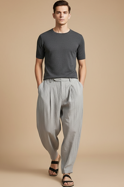 Pantalon Baggy Gris Lin Plissé Ample Homme