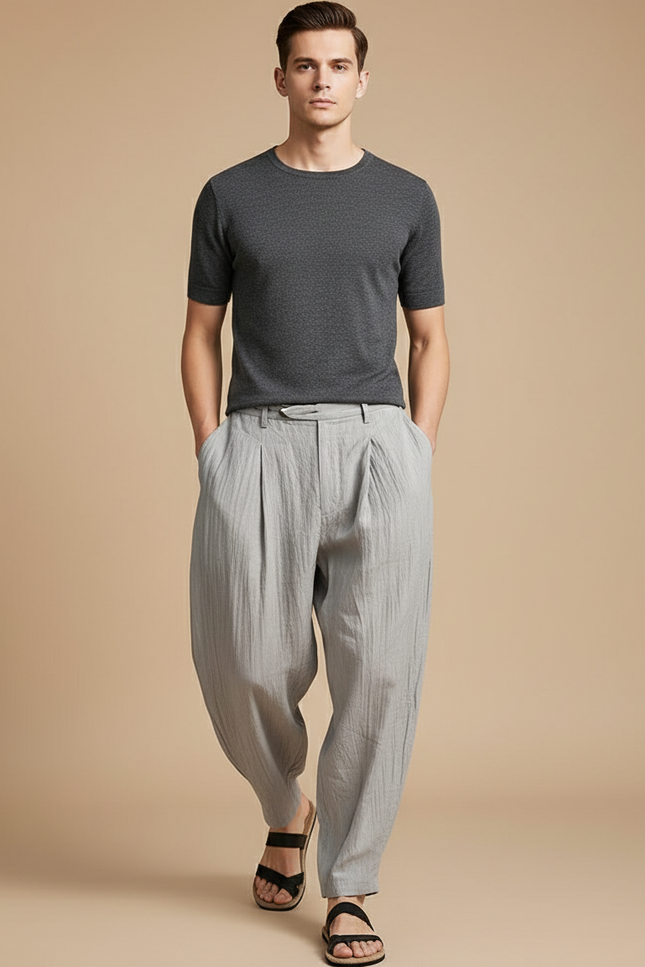 Pantalon Baggy Gris Lin Plissé Ample Homme
