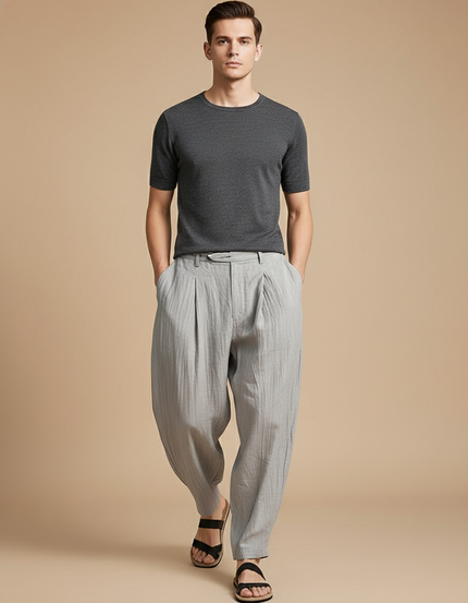 Pantalon Baggy Gris Lin Plissé Ample Homme