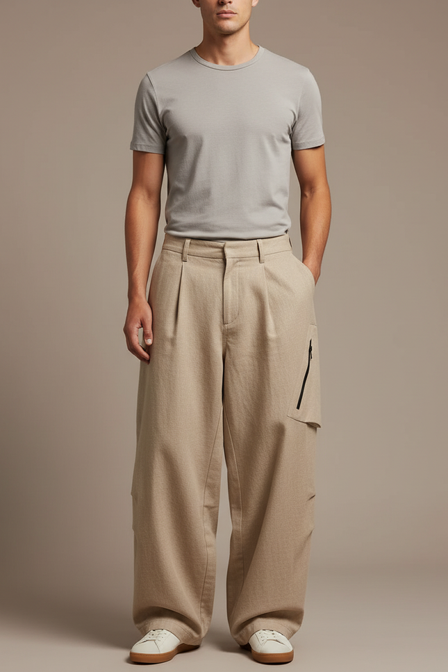 Pantalon Baggy Beige Ample Plissé Cargo Homme - Laine