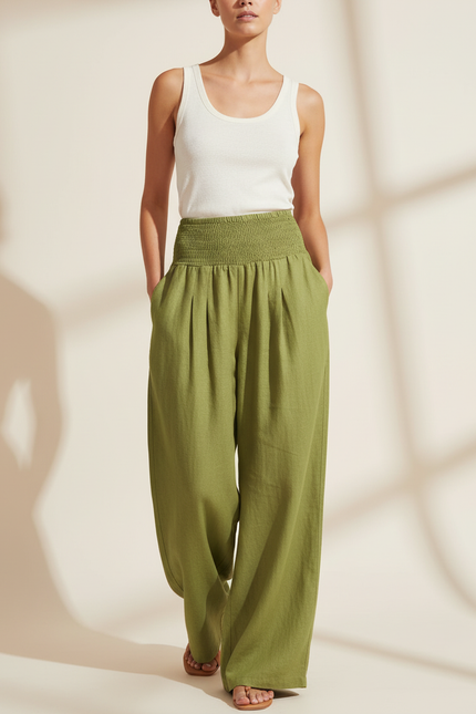 Pantalon Baggy Vert Lin Ample Smocké Décontracté
