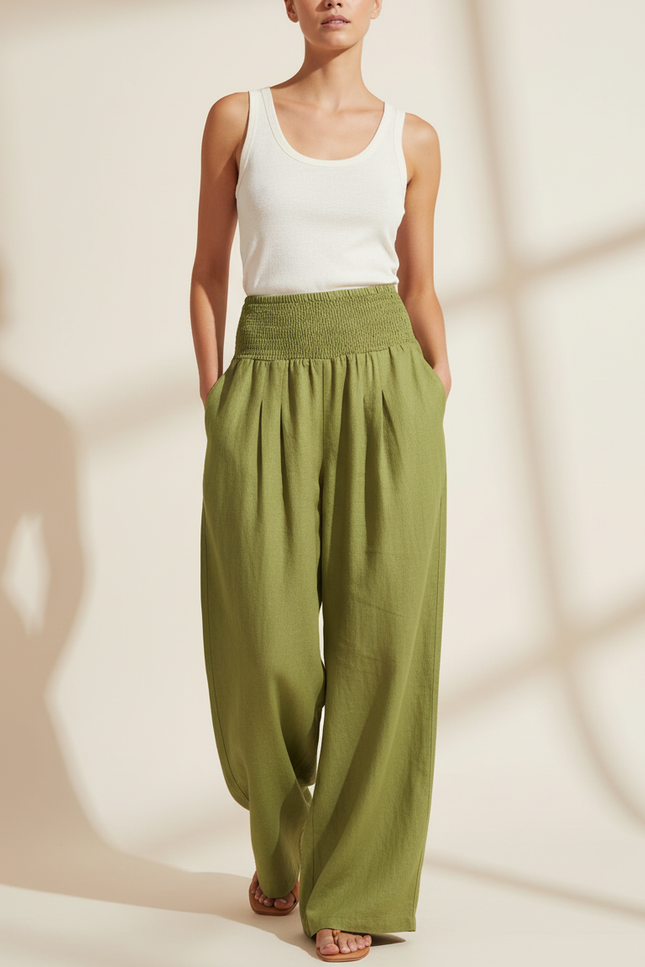Pantalon Baggy Vert Lin Ample Smocké Décontracté