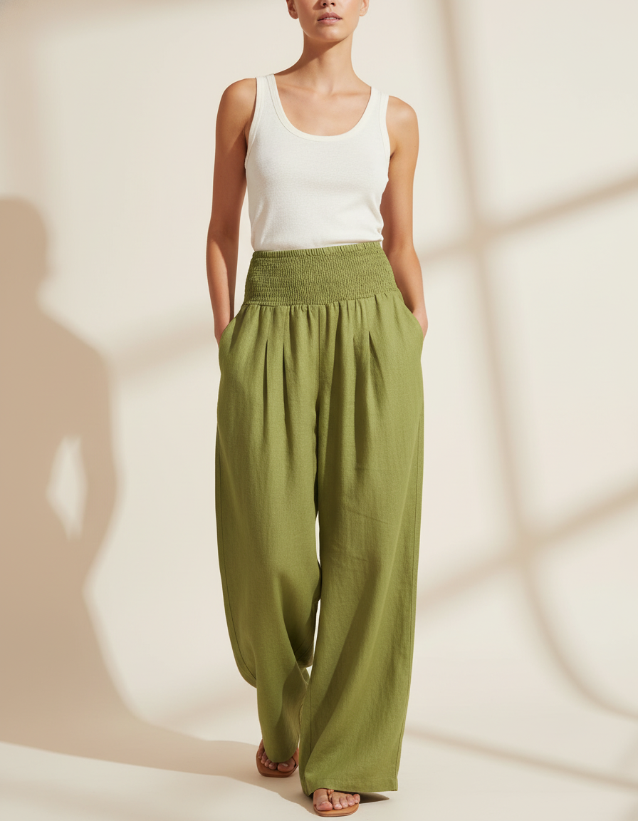 Pantalon Baggy Vert Lin Ample Smocké Décontracté
