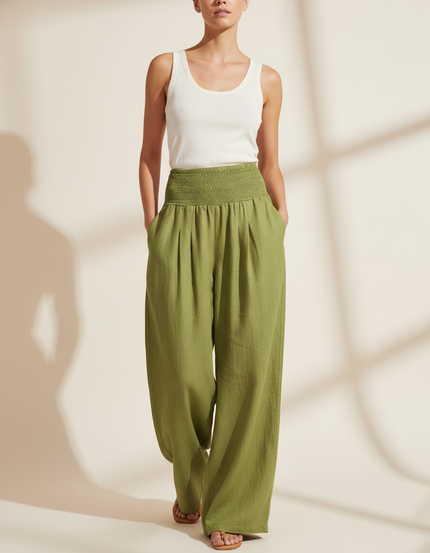 Pantalon Baggy Vert Lin Ample Smocké Décontracté