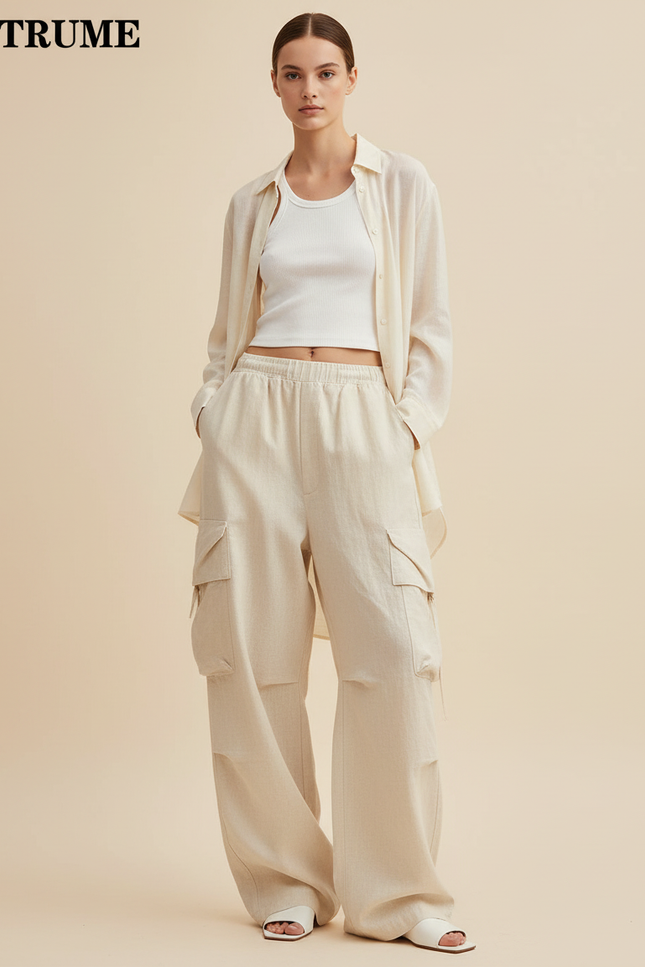 Pantalon Baggy Beige Lin Cargo Ample Décontracté