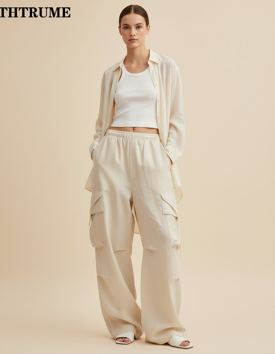 Pantalon Baggy Beige Lin Cargo Ample Décontracté