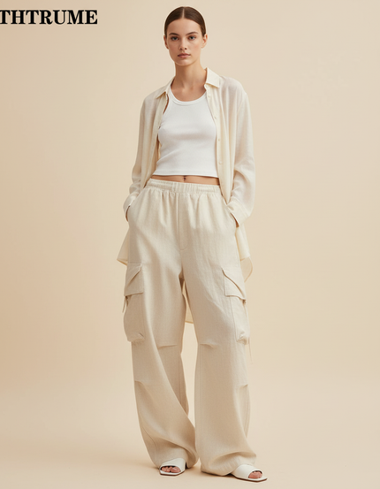 Pantalon Baggy Beige Lin Cargo Ample Décontracté