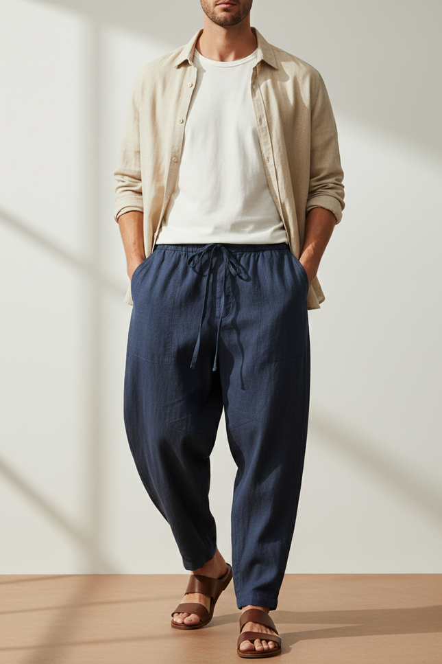 Pantalon Baggy Bleu Marine Cordon Ample Lin Décontracté Homme