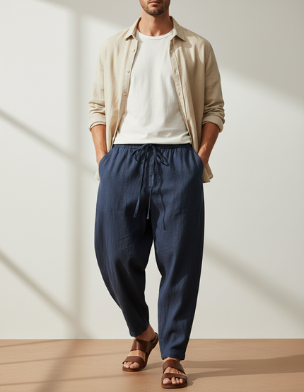 Pantalon Baggy Bleu Marine Cordon Ample Lin Décontracté Homme