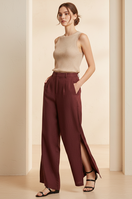 Pantalon Baggy Bordeaux Fluide Ample Fendu Élégant - Lin