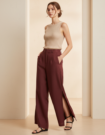 Pantalon Baggy Bordeaux Fluide Ample Fendu Élégant - Lin