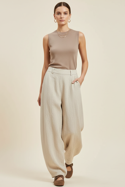 Pantalon Baggy Beige Lin Ample Élastique Décontracté Femme