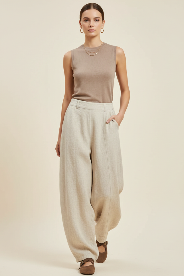 Pantalon Baggy Beige Lin Ample Élastique Décontracté Femme