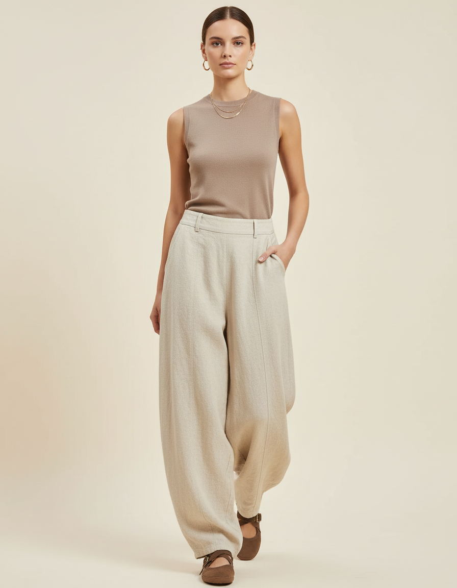 Pantalon Baggy Beige Lin Ample Élastique Décontracté Femme
