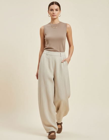 Pantalon Baggy Beige Lin Ample Élastique Décontracté Femme